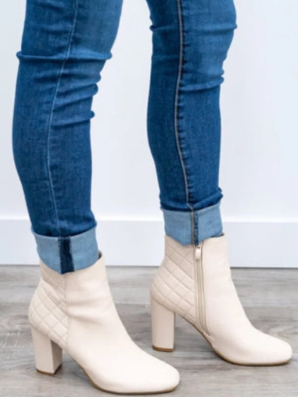 Quilted Cream Heeled Ankle Boots